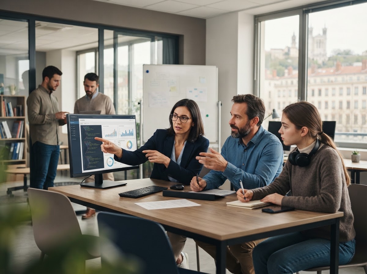 Zelvoriq IA Mynedrand — équipe analysant des indicateurs de performance sur un poste de travail